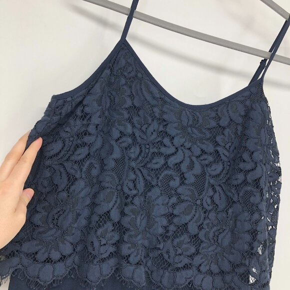 Sandro Paris Navy Blue Viscose  Lace Overlay Sleeveless Romper adjustable straps - Picture 6 of 16